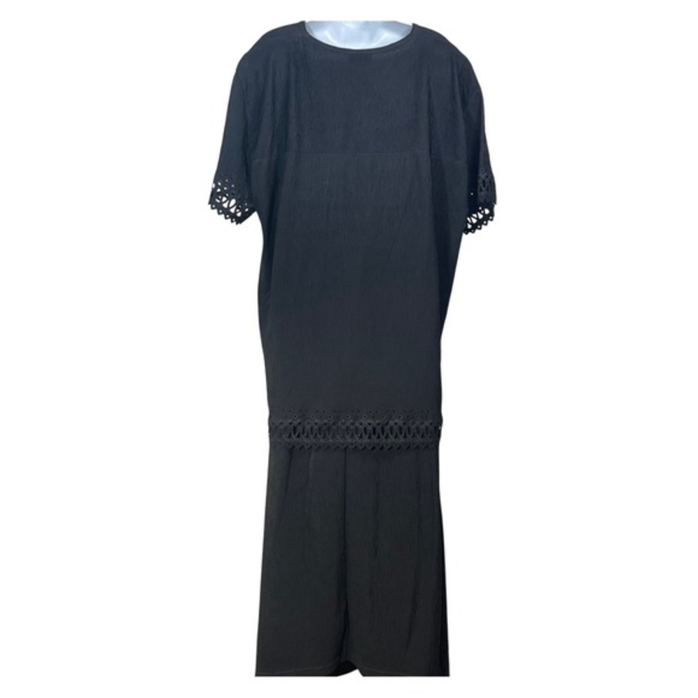 Superline USA Black Crinkle 2pc Eyelet Cutout Tunic & Maxi Skirt vintage‎ USA